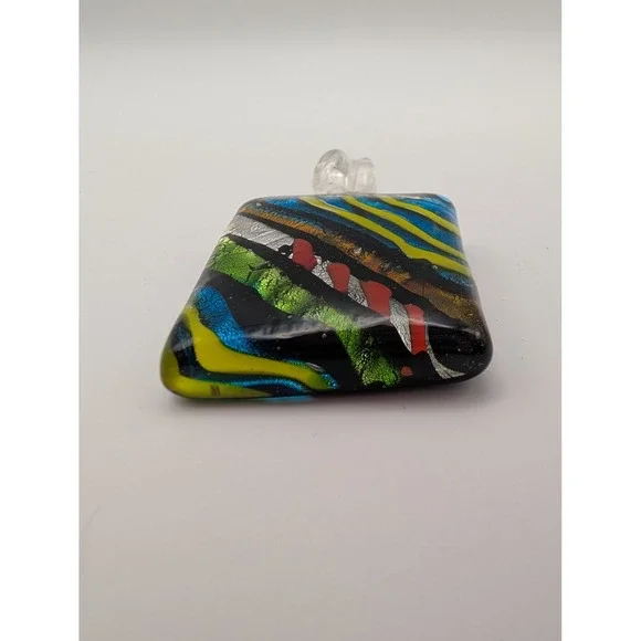 Murano Style Art Glass Pendant Multicolor Striped Square Women Jewelry Artsy - Picture 3 of 4